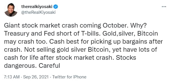 Tweet de Robert Kiyosaki sur une chute des Bourses
